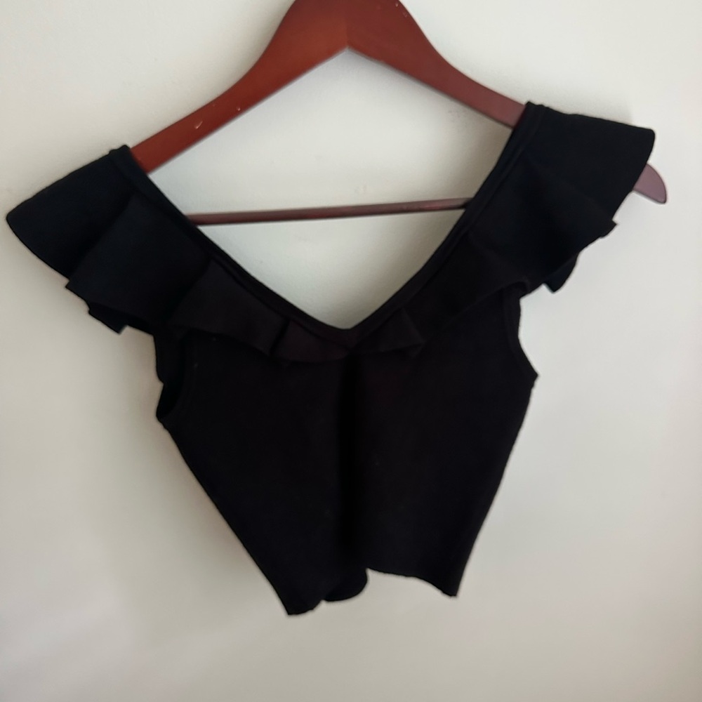 Black Express Ruffle Women's Crop Top - body contour, thick luxe fabric
